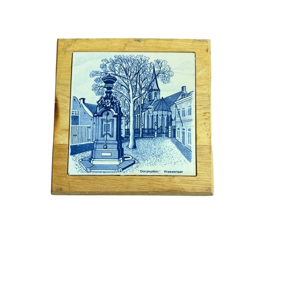Vintage Delft Blue Handpainted Holland Tile Dorpsplein Wassenaar Wooden Frame 7"